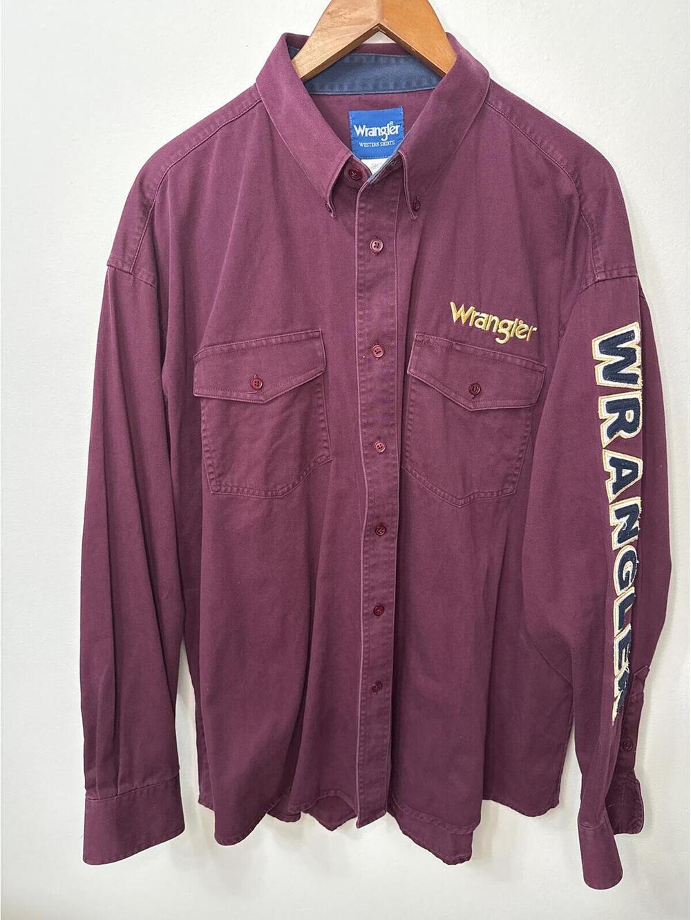 Wrangler Western Shirt Men’s XXL Burgundy Logo Sleeve Button Down Cowboy Ranch